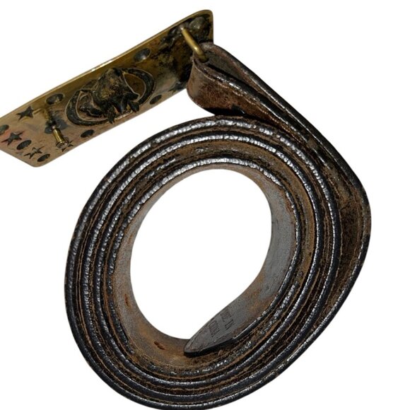 Noona Genuine Leather VIntage brown tooled brass horse buckle belt XL 44x1.5